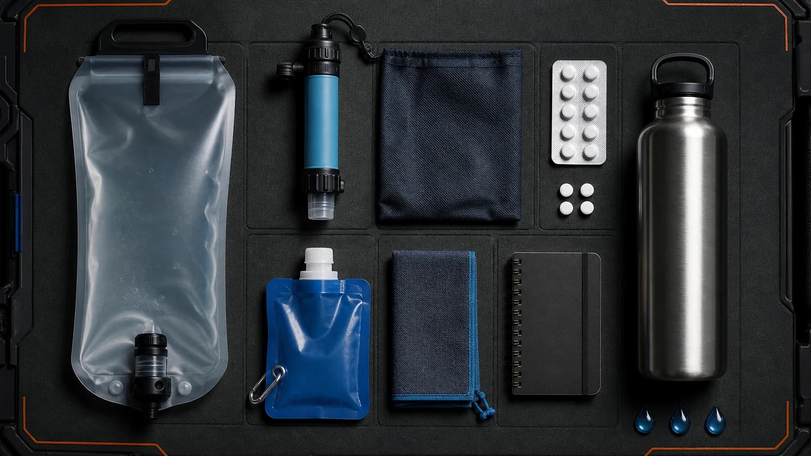 Editorial inventory-style flat lay of emergency water filters, purification tablets, water pouches, and a stainless bottle.